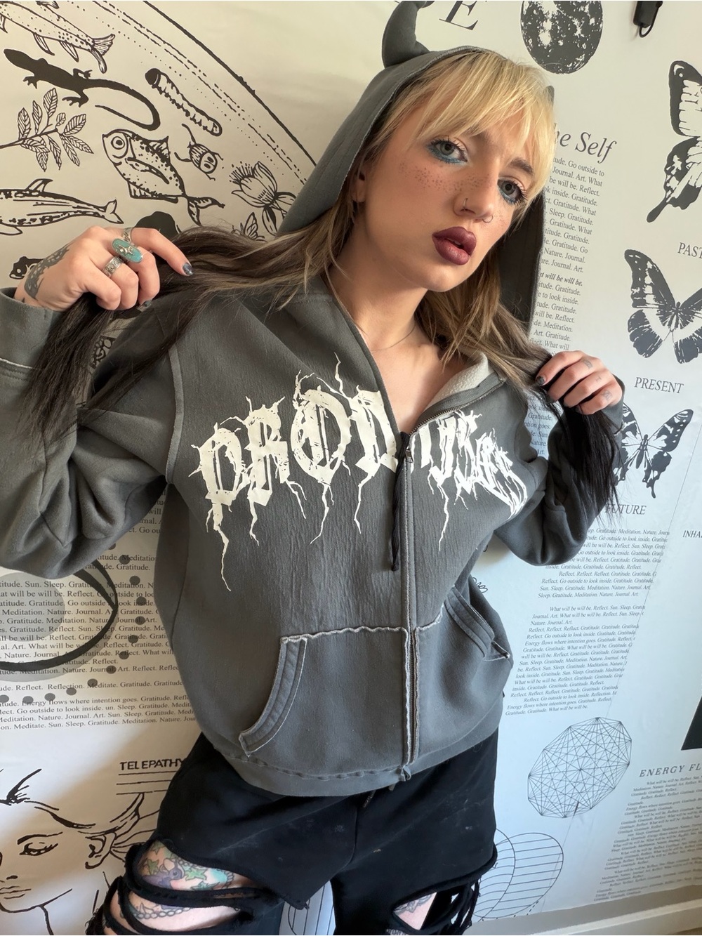 Gray Graphic Zip-Up Hoodie - Unbranded